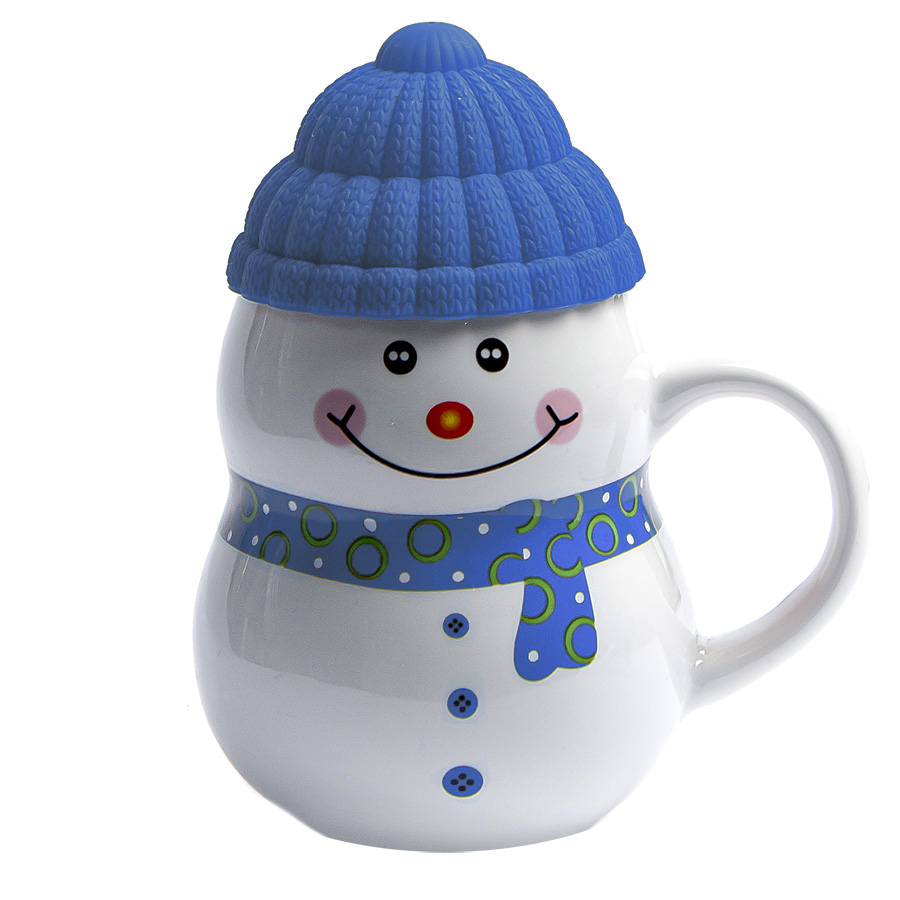 Кружка SNOWMAN с крышкой, белый с синим, 380мл, фарфор, силикон Кружка SNOWMAN с крышкой, белый с синим, 380мл, фарфор, силикон