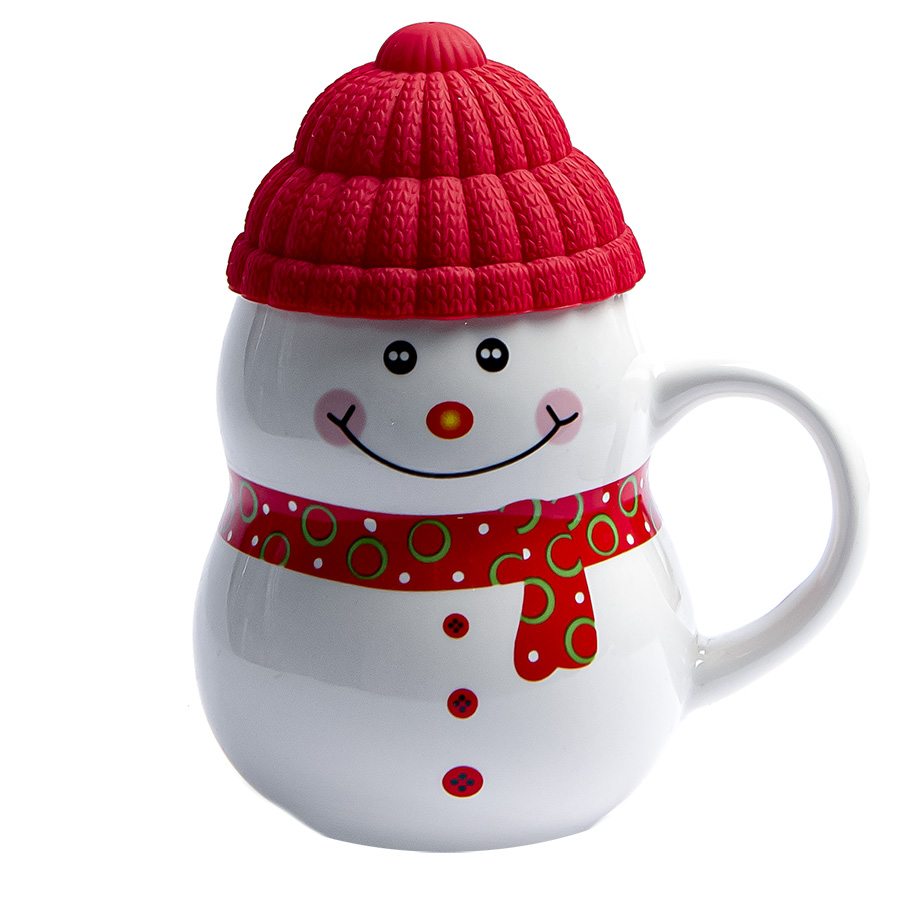 Кружка SNOWMAN с крышкой, белый с красным, 380мл, фарфор, силикон Кружка SNOWMAN с крышкой, белый с красным, 380мл, фарфор, силикон